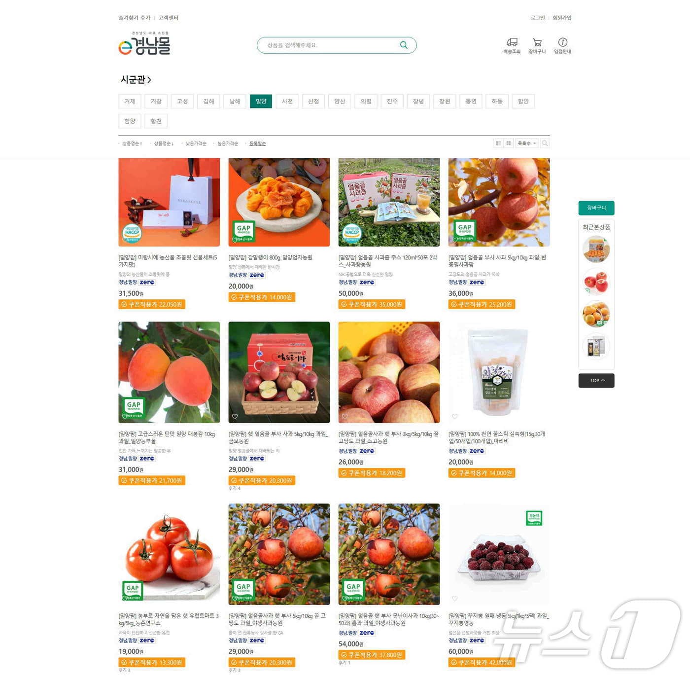 밀양시 온라인 쇼핑몰 밀양팜이 경남도 온라인 쇼핑몰 e경남몰에서 연간 매출액 2억원을 돌파했다. 사진은 e경남몰에서 판매되는 밀양 농특산물 모습.(밀양시 제공)