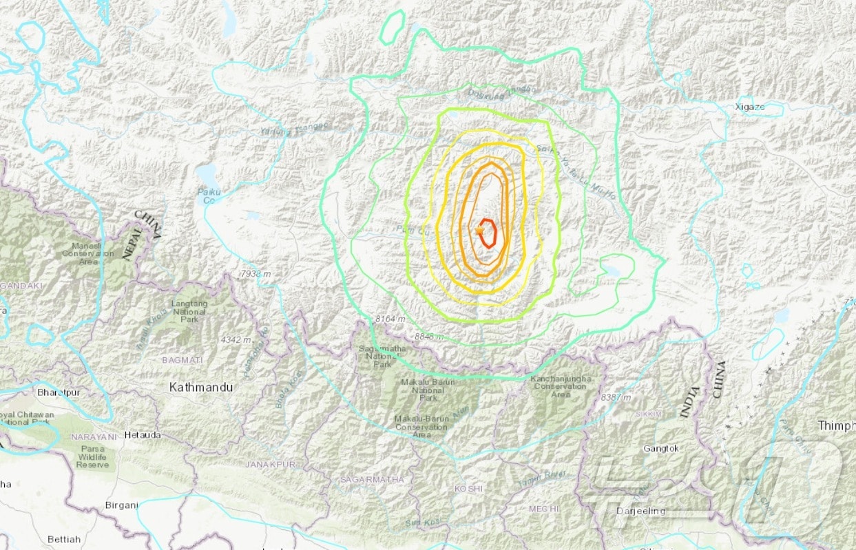 중국 티베트 자치구 시가체시 딩르현에서 13일 규모 4.9와 5.0의 지진이 두 차례 발생했다. (출처=미국 지질조사국 홈페이지) 2025.1.13.뉴스1
