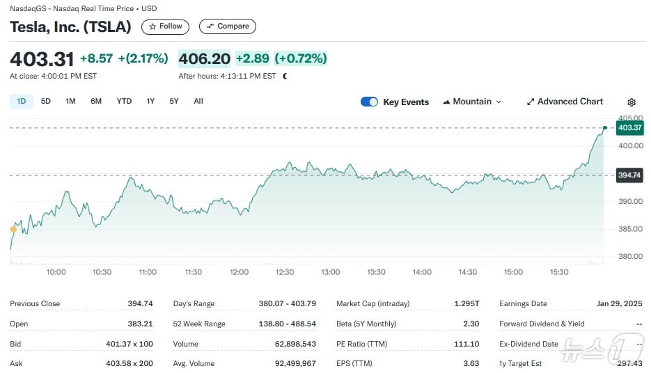 테슬라 일일 주가추이 - 야후 파이낸스 갈무리