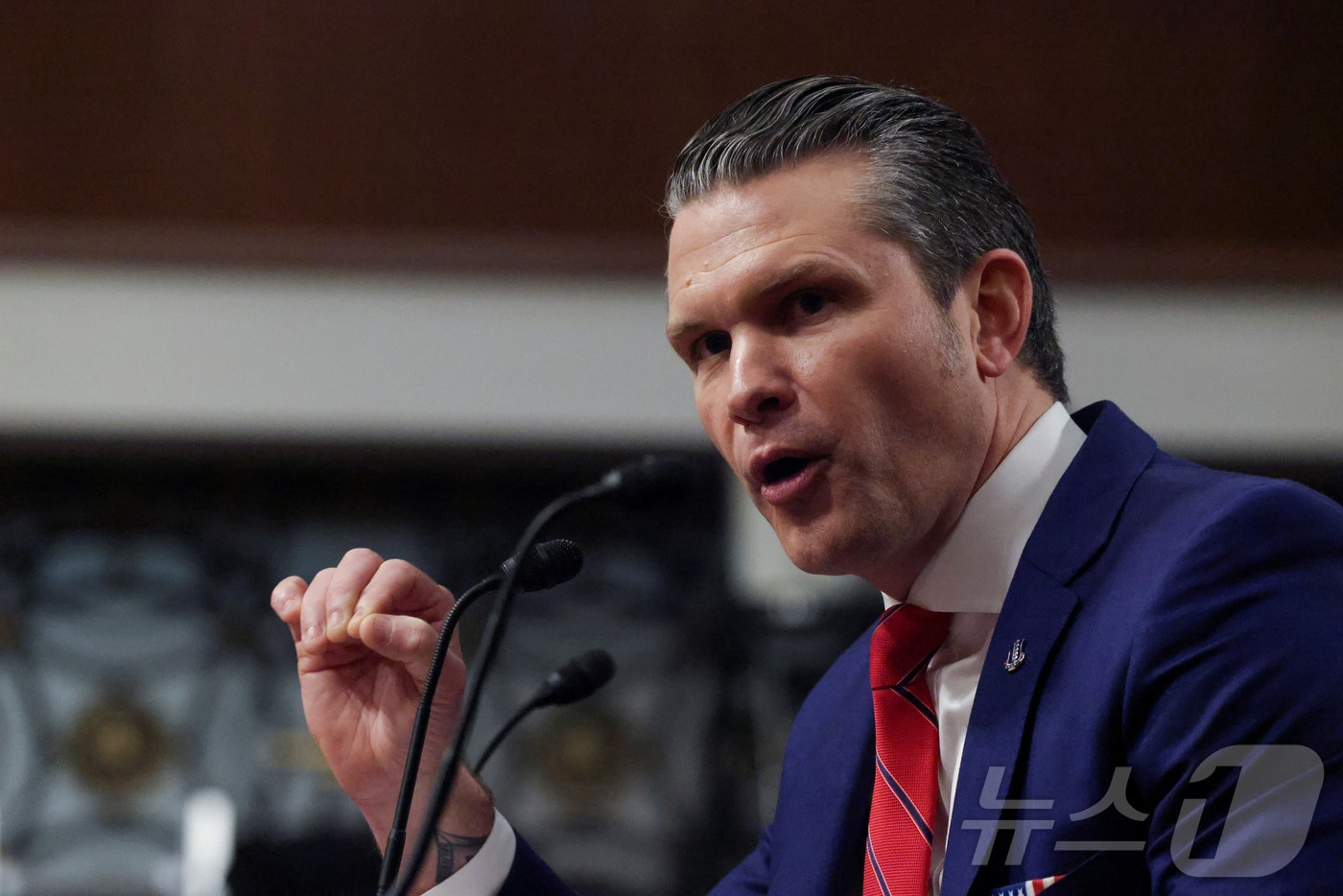 14일(현지시간) 미국 워싱턴DC에서 열린 미 연방 상원 군사위원회 인사청문회에서 피트 헤그세스(Pete Hegseth) 국방부 장관 지명자가 발언하고 있다. ⓒ 로이터=뉴스1 ⓒ News1 류정민 특파원