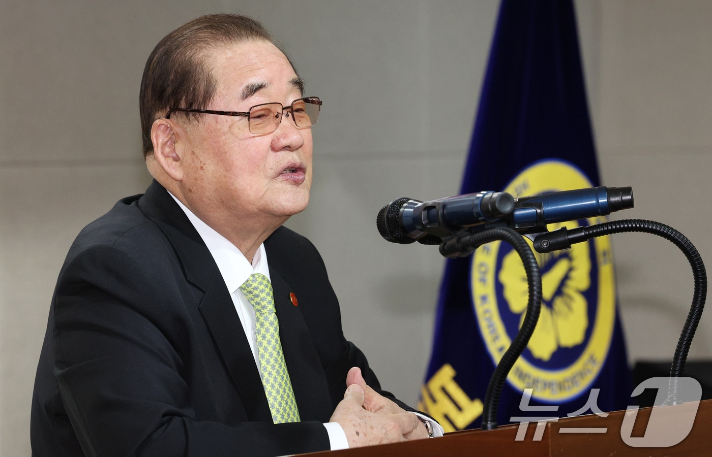 이종찬 광복회장이 15일 오전 서울 여의도 광복회관에서 열린 광복 80주년 기념 홍범도 장군 다큐멘터리 영화 '독립군(가제)' 제작 발표회에서 인사말을 하고 있다. 2025.1.15/뉴스1 ⓒ News1 장수영 기자