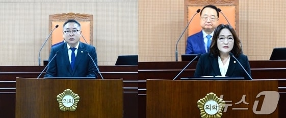 광주 북구의회 김형수 의원(왼쪽)과 한양임 의원(오른쪽)이 의정 질의를 하고 있다(광주 북구의회 제공)2025.1.16/뉴스1