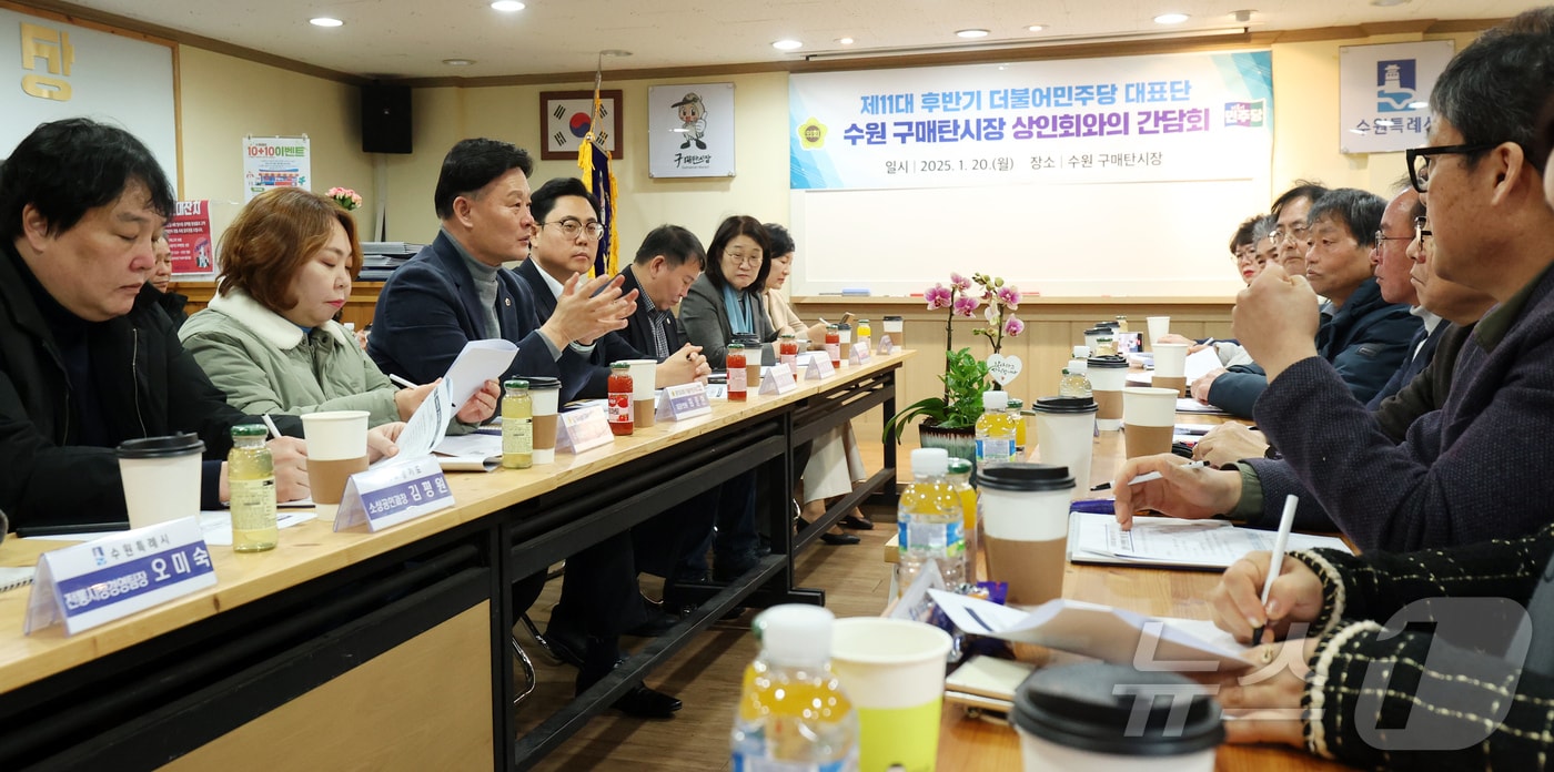 경기도의회 더불어민주당 대표단(좌측 라인)이 20일 구매탄시장(수원시 영통구)을 찾아 ‘설맞이 민생현장 방문 및 간담회’를 가졌다.(도의회 제공)/