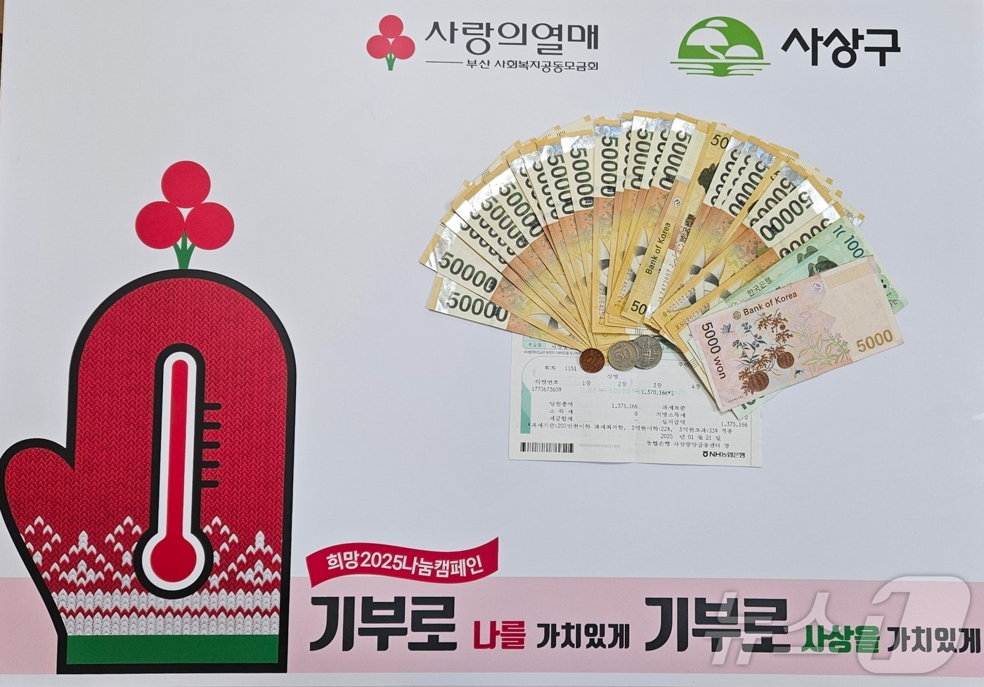 로또 용지로 교환한 당첨금.(사상구 제공)