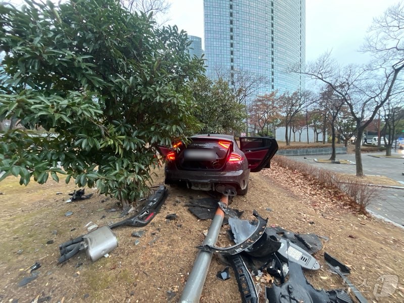 25일 오전 7시50분쯤 부산 해운대구 우동 한 도로를 달리던 승용차가 공원으로 돌진하는 사고가 났다. 사진은 사고 현장 모습(해운대경찰서 제공)