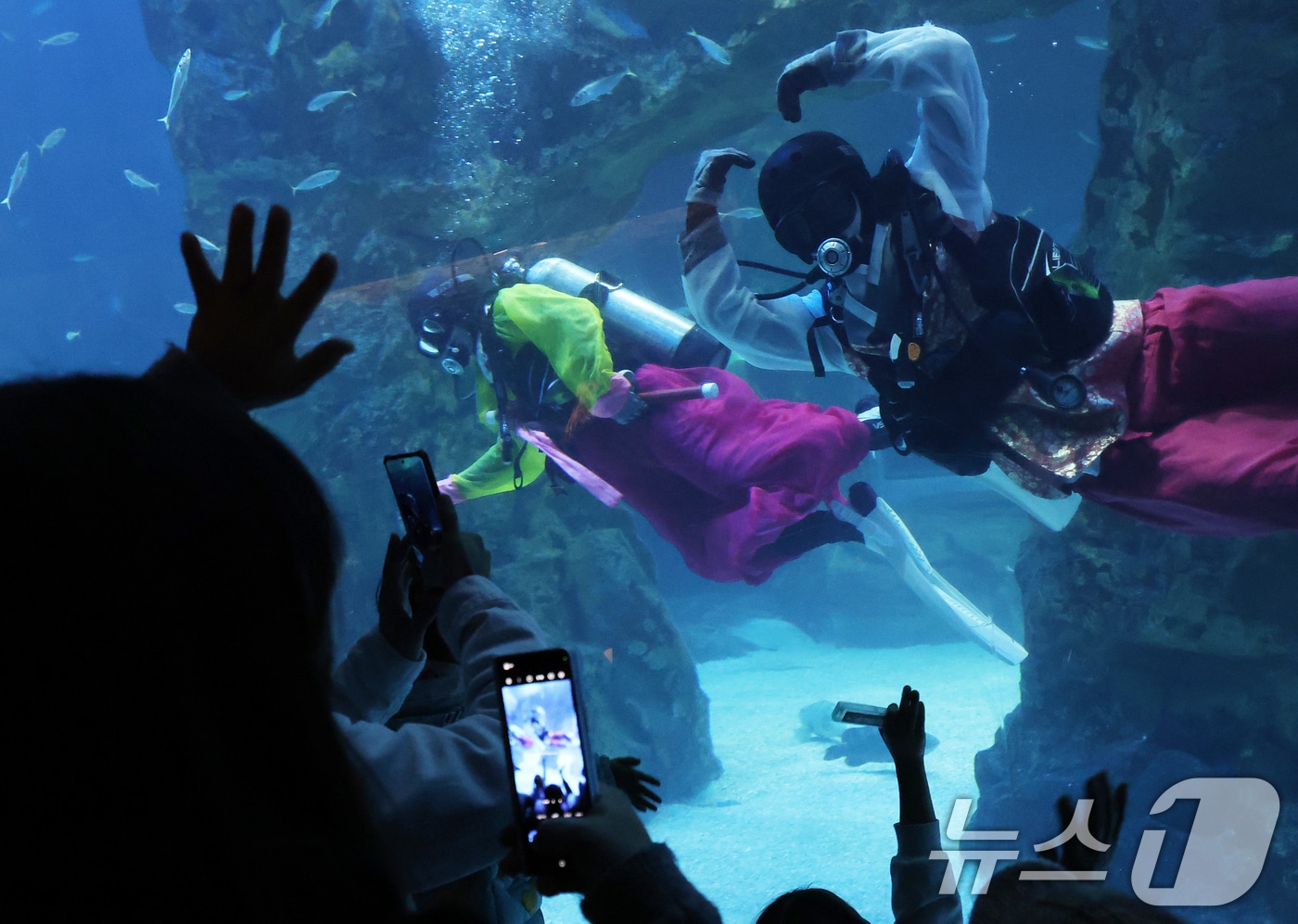  서울 송파구 롯데월드타워 아쿠아리움에서 한복을 입은 아쿠아리스트. 2025.1.30/뉴스1 ⓒ News1 오대일 기자