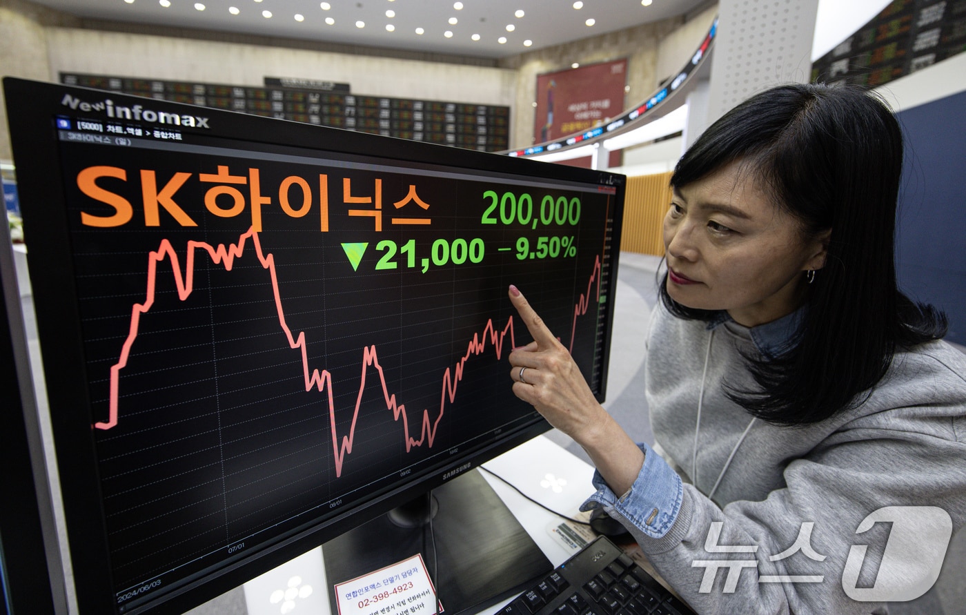 31일 오후 서울 여의도 한국거래소 모니터에 SK하이닉스 주가가 표시되고 있다. SK하이닉스를 비롯한 반도체 업체는 딥시크 여파로 9%대 급락하고 있다. 2025.1.31/뉴스1 ⓒ News1 이재명 기자