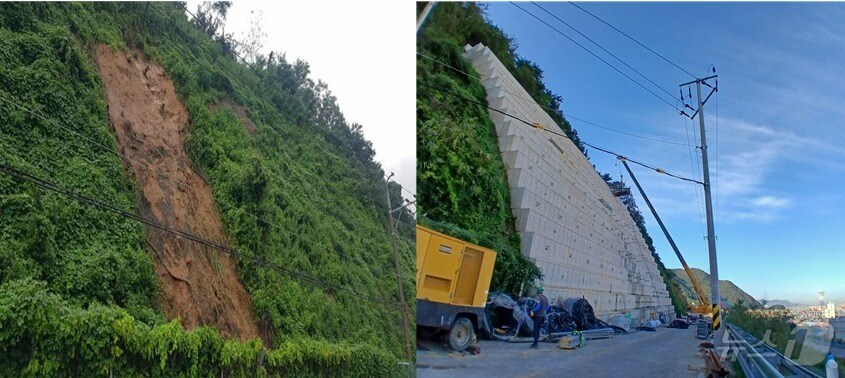 천가일주도로 사면 보강공사 전(사진 왼쪽)과 후 모습(부산해수청 전경)