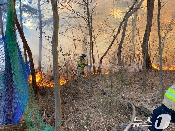 지난 3일 부산 기장군 산불 현장에서 소방대원이 화재를 진압하고 있다.&#40;부산소방재난본부 제공&#41;