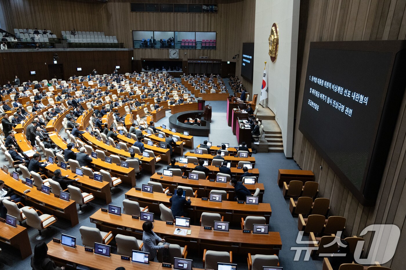 우원식 국회의장이 9일 오후 서울 여의도 국회 본회의장에서 열린 제420회 국회(임시회) 제5차 본회의에서 윤석열 대통령 위헌적 비상계엄 선포 내란혐의 및 제주항공 여객기 참사 진상규명 관련 긴급현안질문을 주재하고 있다. 2025.1.9/뉴스1 ⓒ News1 이재명 기자