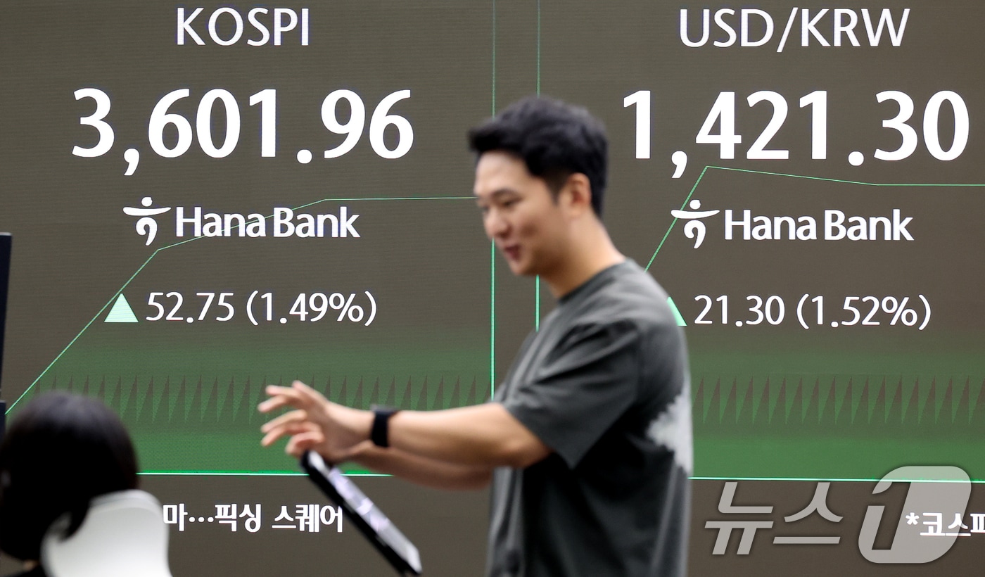 추석 연휴를 마치고 코스피가 3,600선을 돌파하며 최고가를 기록한 오전 서울 중구 하나은행 딜링룸 전광판에 개장 시황이 나오고 있다. ⓒ News1 이호윤 기자