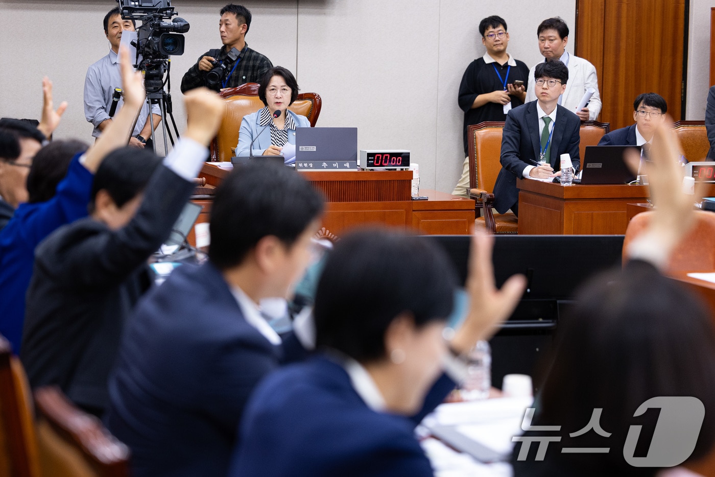 추미애 국회 법제사법위원장을 비롯한 더불어민주당 의원들이 13일 서울 여의도 국회에서 열린 제429회 국회&#40;정기회&#41; 법제사법위원회 제8차 전체회의에서 거수 표결을 하고 있다. 나경원 국민의힘 의원 등이 제출한 &#39;민중기 특검팀 강압수사에 의한 양평군 공무원 사건 진상규명을 위한 민중기 특검팀에 대한 현장검증 실시계획서 채택의 건&#39;은 이날 법사위 전체회의에서 거수 표결한 결과 재석 17명 중 반대 10명으로 부결됐다. 2025.10.13/뉴스1 ⓒ News1 유승관 기자