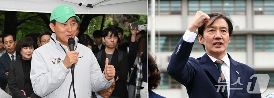  지난 13일 서울 강남구 대치동 은마아파트를 찾아 주민과 대화하고 있는 오세훈 서울시장&#40;왼쪽&#41;과 지난 9일 서울 종로구 주한미국대사관앞에서 미국의 관세압박 철회를 요구하고 있는 조국 조국혁신당 비대위원장. ⓒ News1 오대일· 구윤성 기자 