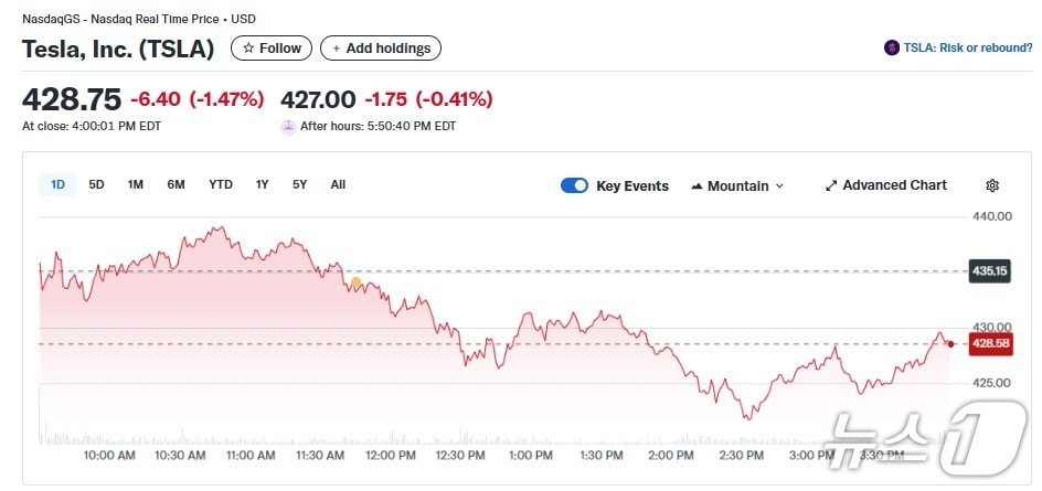 테슬라 일일 주가추이 - 야후 파이낸스 갈무리