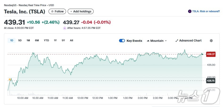 테슬라 일일 주가추이 - 야후 파이낸스 갈무리