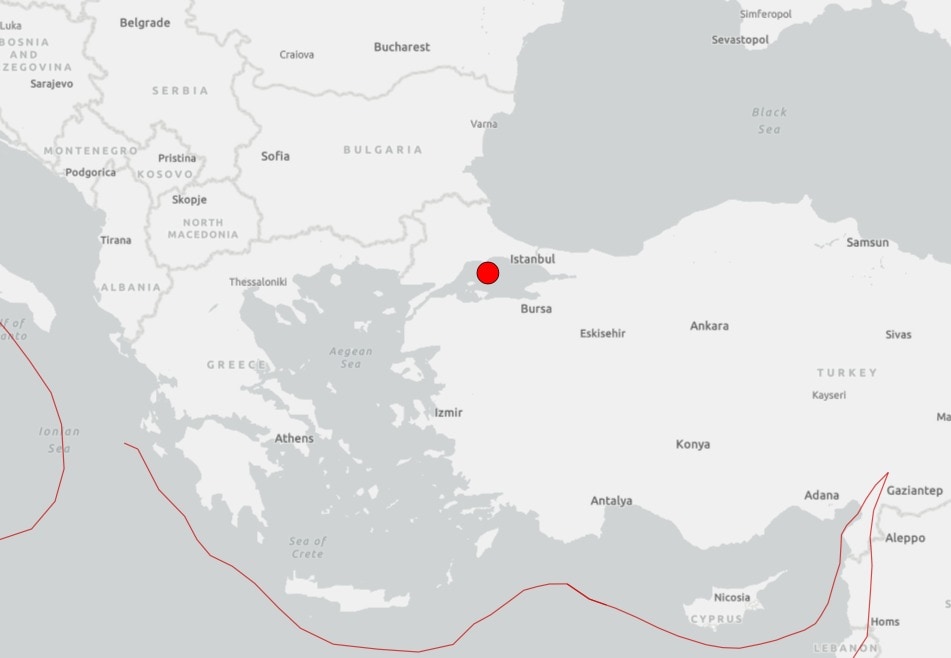 튀르키예 최대 도시 이스탄불에서 2일(현지시간) 규모 5.0의 지진이 발생했다고 로이터 통신이 보도했다. (미국 지질조사국 캡쳐)