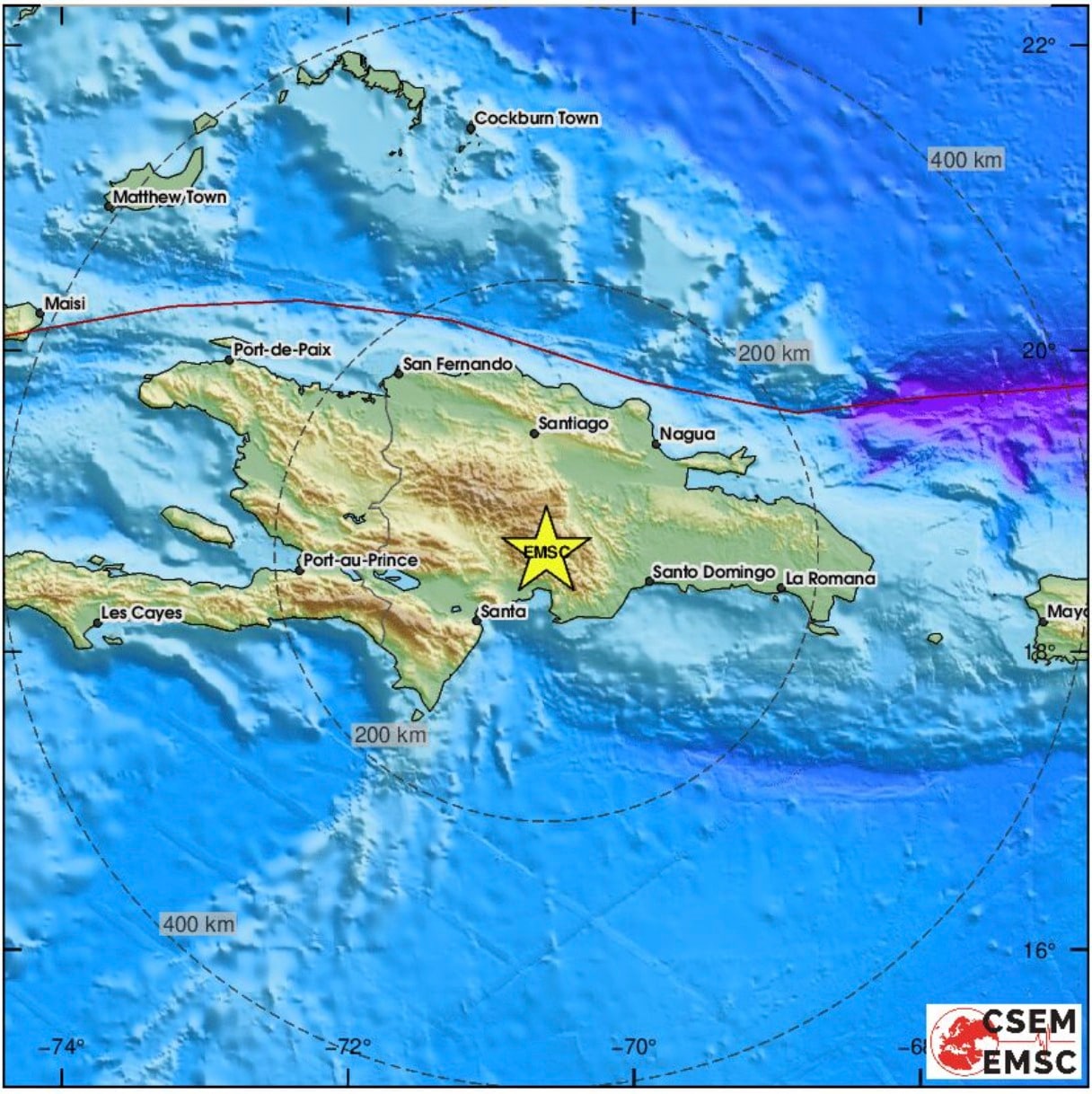 20일(현지시간) 도미니카 공화국에서 발생한 규모 5.3의 지진 위치 (사진=EMSC 갈무리)