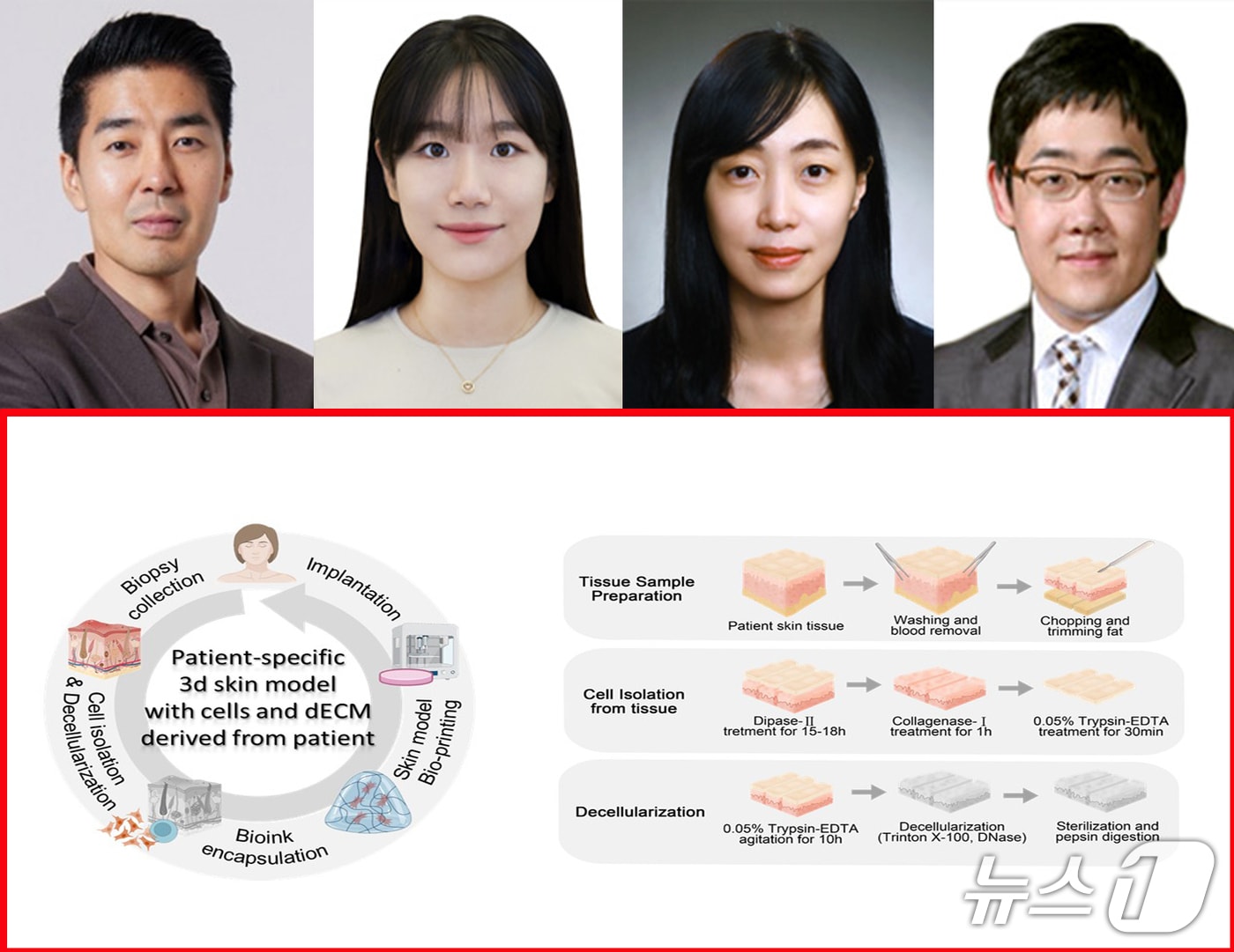 포스텍 신소재공학과 융합대학원 이준민 교수와 이화여대 박보영·고려대 김한준 교수 공동연구팀이 화상이나 만성 상처 환자를 위한 맞춤형 재생 치료 기술을 개발했다. 왼쪽부터 이준민 교수, 시스템 공학부 통합과정 강래희 씨, 박보영 교수, 김한준 교수.(포스텍 제공, 재판매 및 DB금지) 2025.10.22/뉴스1 