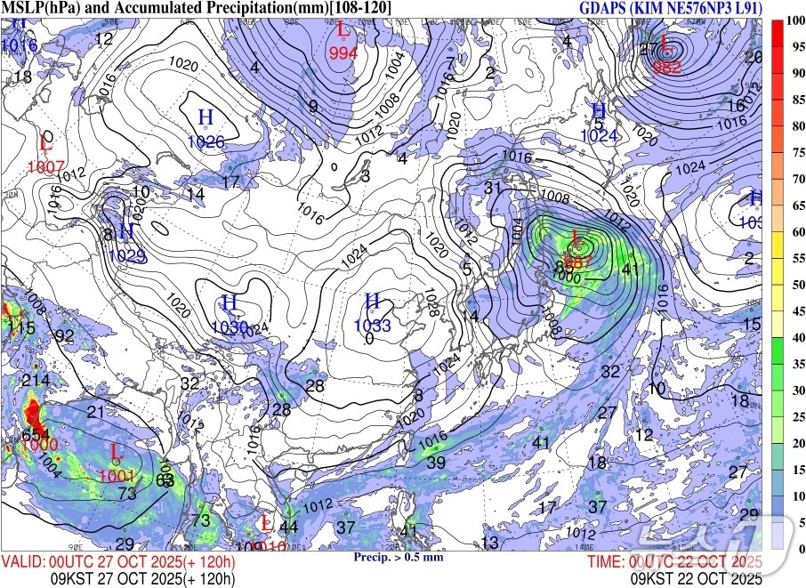 27일 예상 일기도, 시베리아 고기압이 한반도까지 내려오는 게 선명한 상태다. &#40;기상청 제공&#41; ⓒ 뉴스1