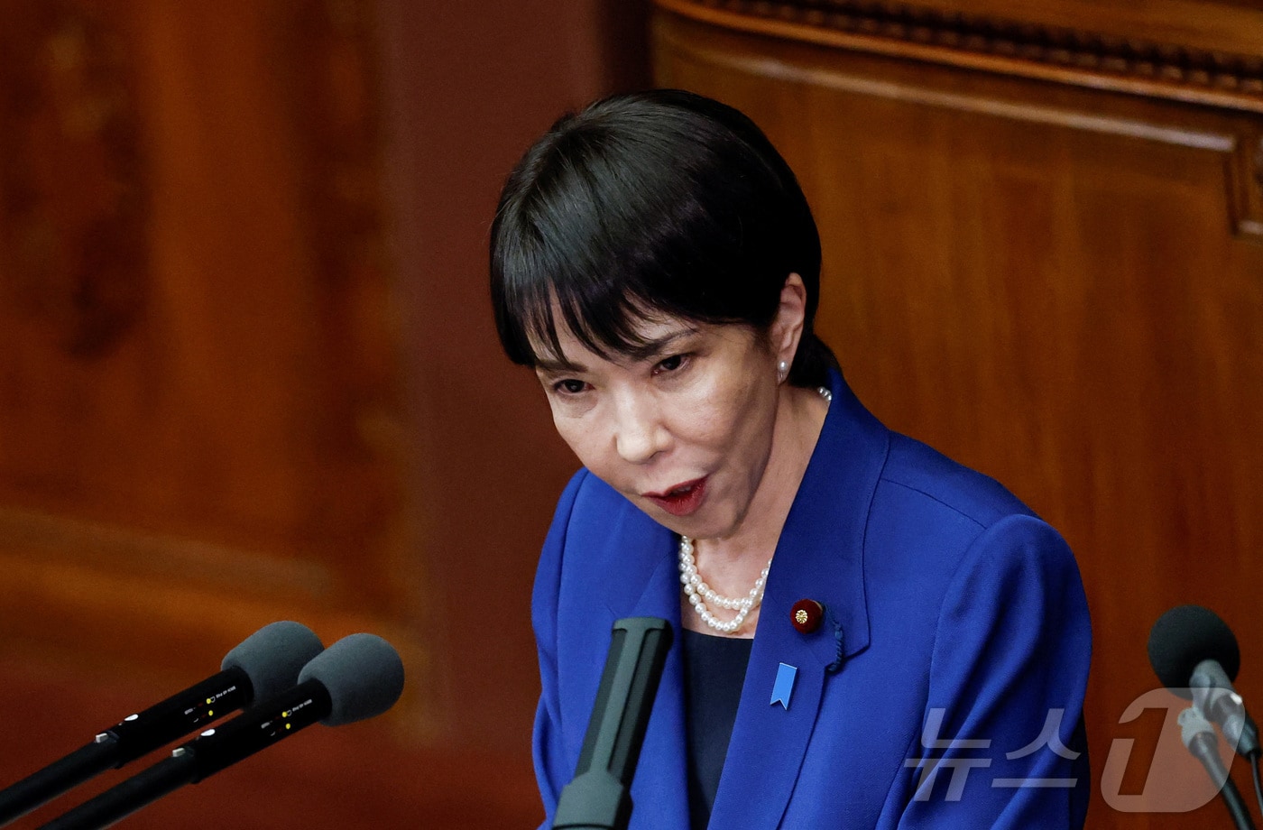 24일 다카이치 사나에 신임 일본 총리가 도쿄 국회의사당에서 소신 표명 연설을 하고 있다. 2025.10.24 ⓒ 로이터=뉴스1 ⓒ News1 김지완 기자