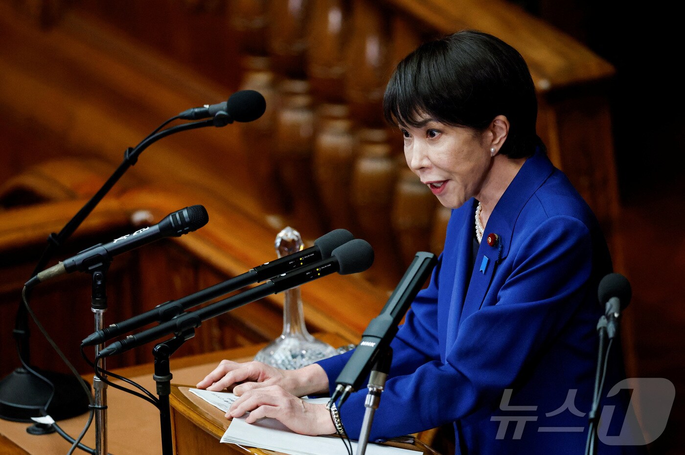 24일 다카이치 사나에 신임 일본 총리가 도쿄 국회의사당에서 소신표명 연설을 하고 있다. 2025.10.24 ⓒ 로이터=뉴스1 ⓒ News1 김지완 기자