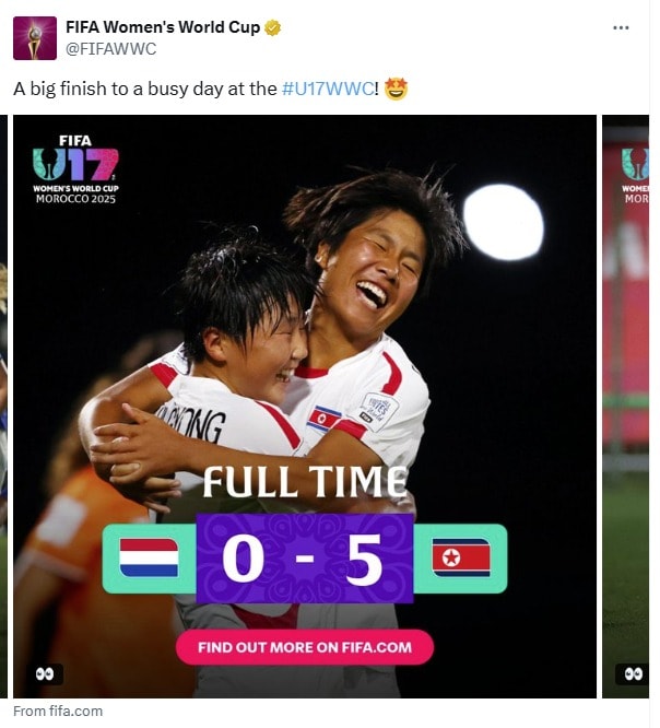 북한 17세 이하 여자축구대표팀이 2025 U17 여자 월드컵 조별리그 3연승을 거뒀다. &#40;FIFA SNS 캡처&#41;