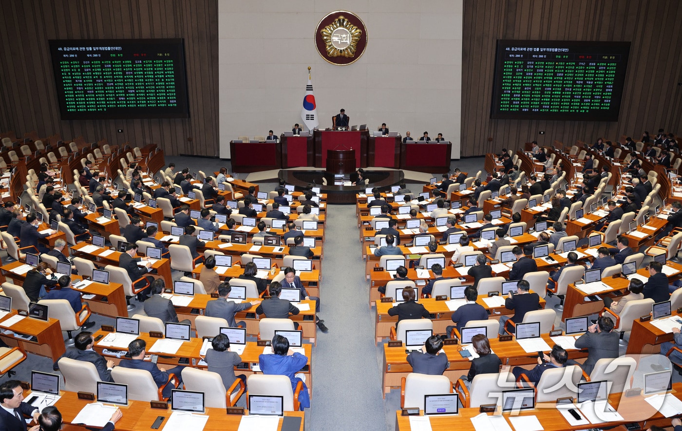 26일 서울 여의도 국회에서 열린 제 429회국회(정기회) 제10차 본회의에서 응급의료에 관한 법률 일부개정법률안(대안)이 가결되고 있다. 2025.10.26/뉴스1 ⓒ News1 신웅수 기자