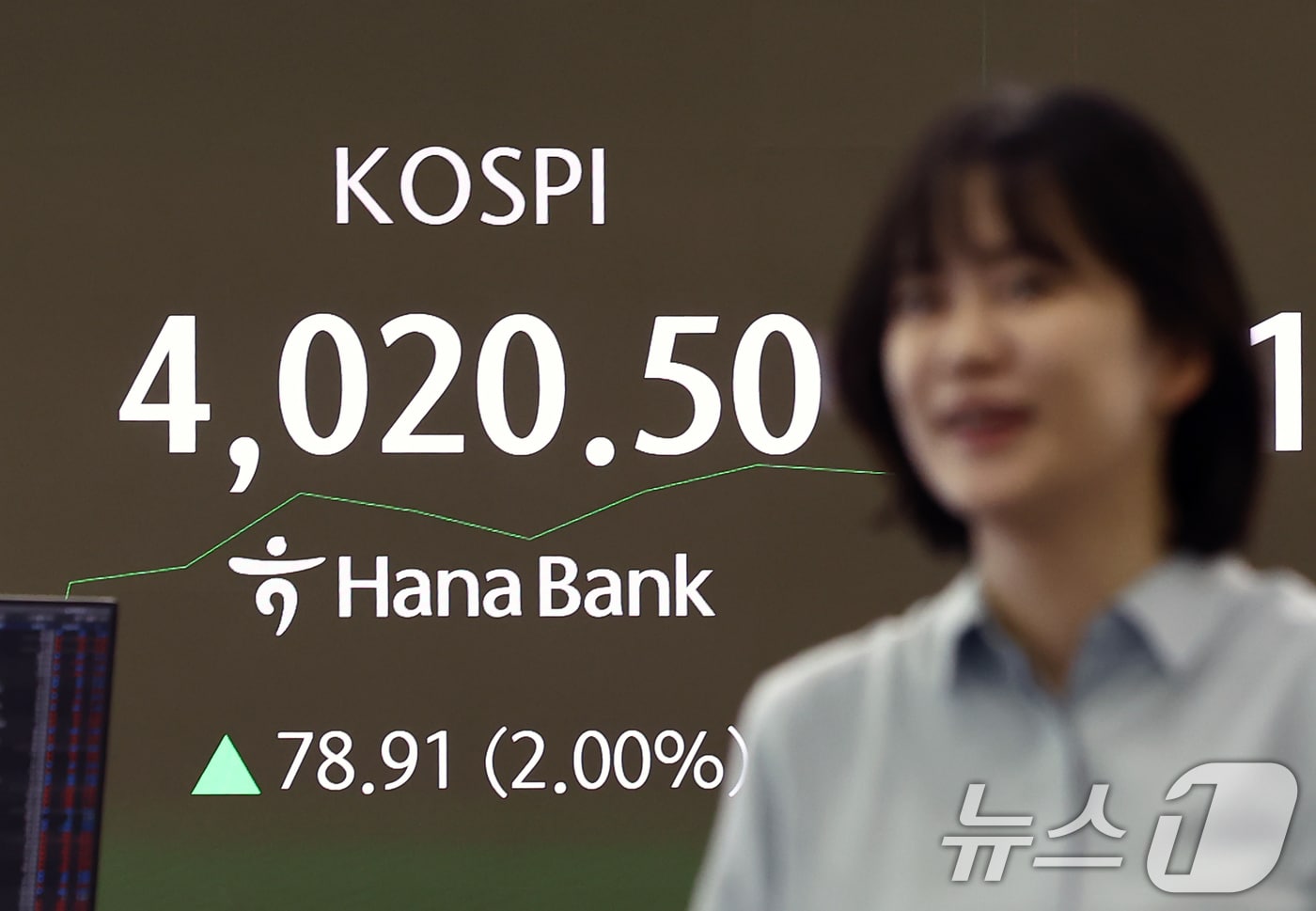 코스피지수가 장중 4000포인트를 돌파한 27일 오전 서울 중구 하나은행 본점 딜링룸 전광판에 코스피지수가 표시되고 있다. 2025.10.27/뉴스1 ⓒ News1 김민지 기자