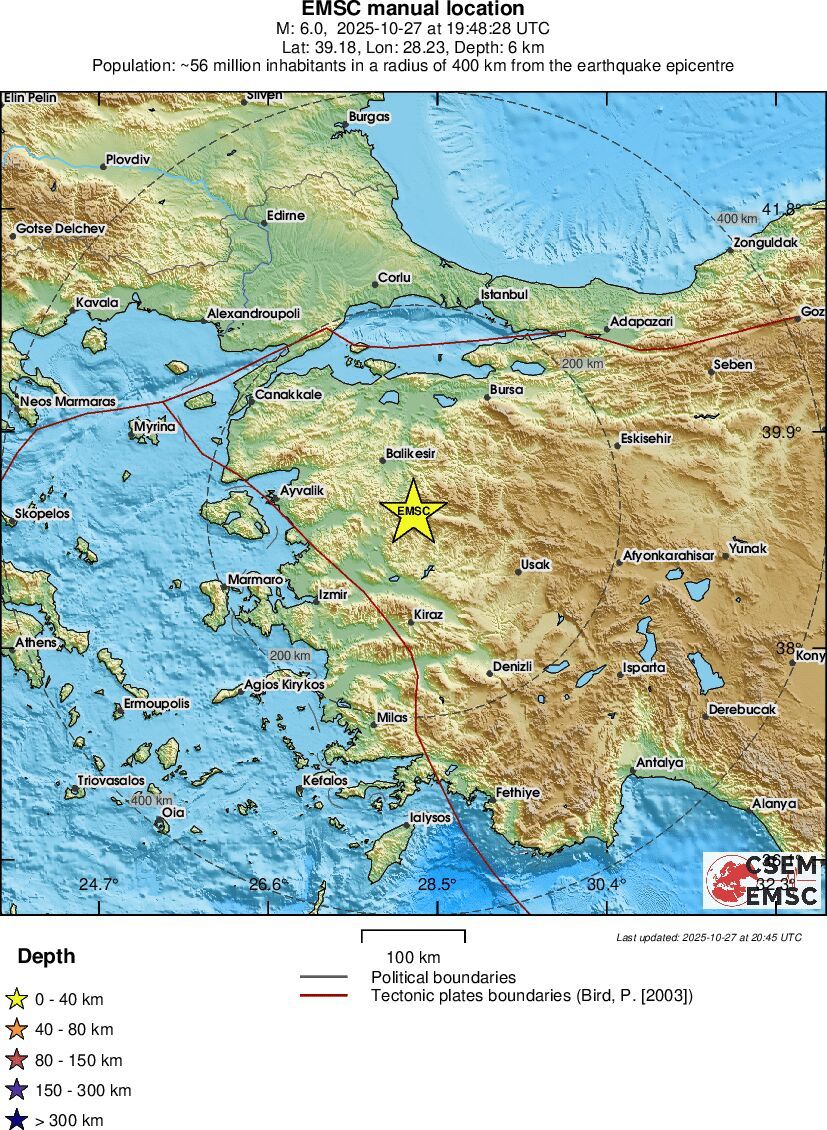 27일(현지시간) 튀르키예 서부 지역에서 발생한 규모 6.1 지진 위치. (사진=유럽지중해센터 EMSC 갈무리)