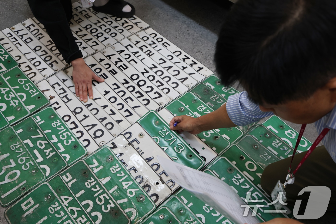 경기도 31개 시·군이 '2025년 4분기 체납차량 일제단속의 날' 운영을 시작한 28일 경기 의왕시 고천동 의왕시청 징수과 사무실에서 직원들이 영치한 번호판을 확인하고 있다. 2025.10.28/뉴스1 ⓒ News1 김영운 기자