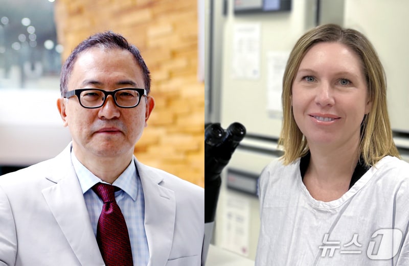 차광렬 차병원∙차바이오그룹 글로벌종합연구소장&#40;왼쪽&#41;, &#39;차광렬 줄기세포상&#39; 수상자 케이티 아이어스 박사.&#40;차병원·차바이오그룹 제공&#41;