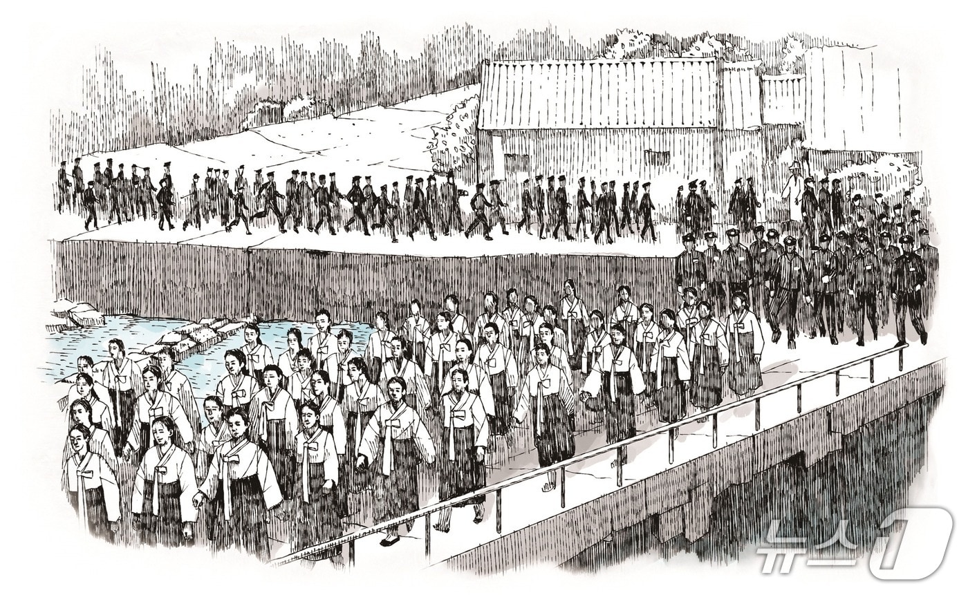 양림교를 건너는 시위대열 펜 일러스트. &#40;국가보훈부 제공.&#41;