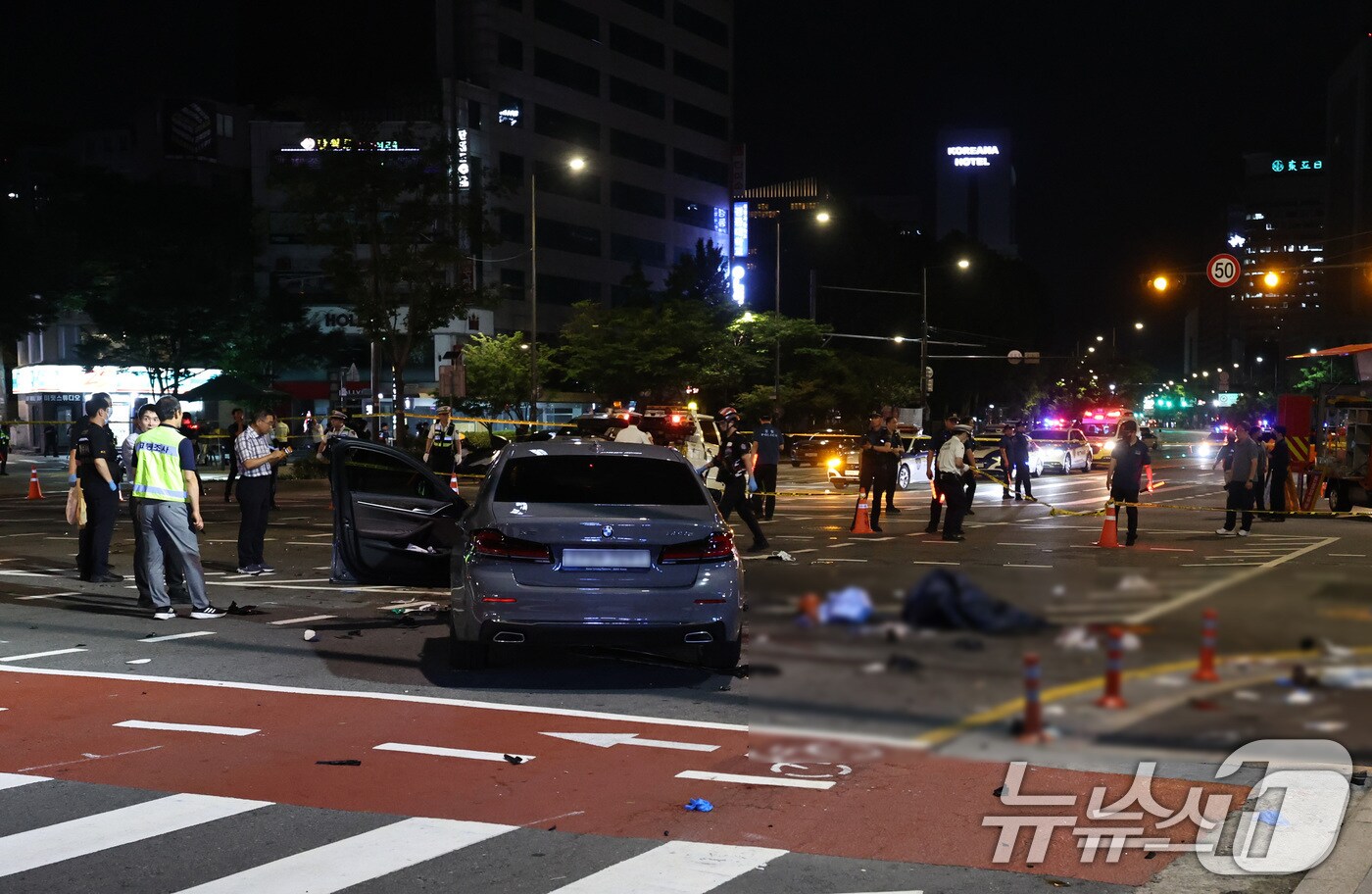 교통사고 현장에 피해 차량과 잔해물들이 남아 있다. 2024.7.2/뉴스1