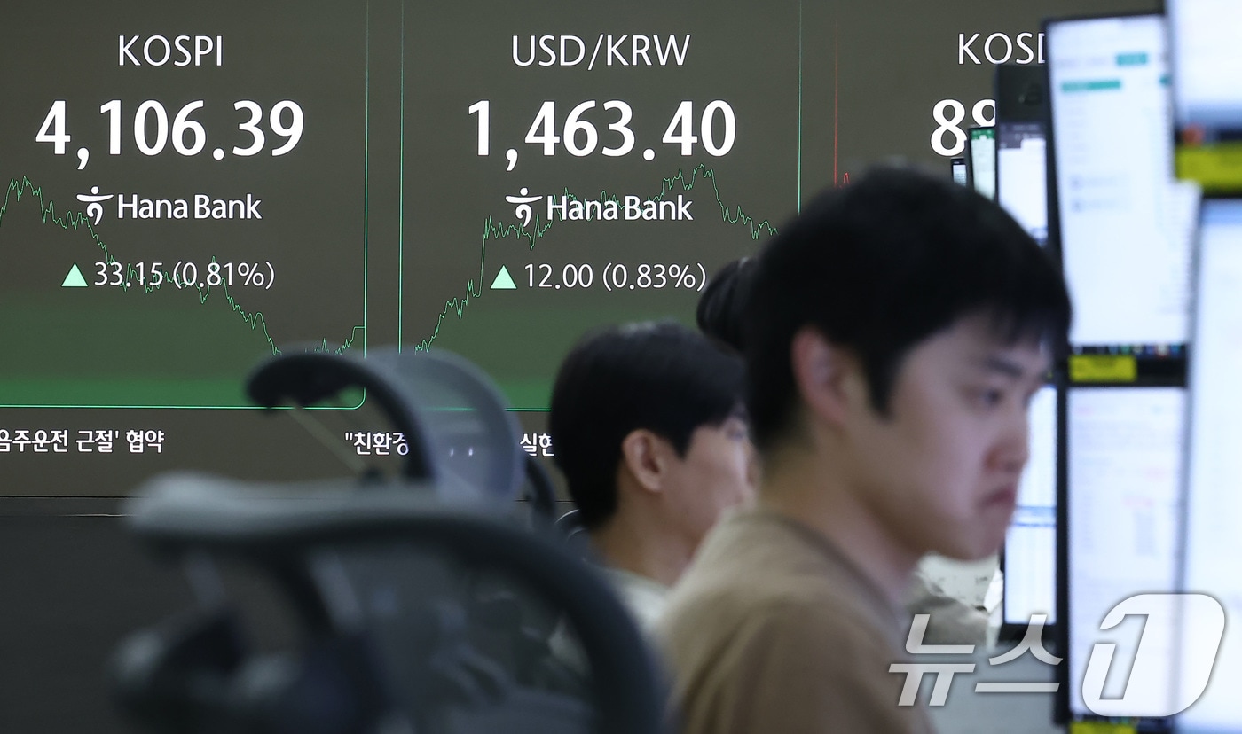 11일 서울 중구 하나은행 본점 딜링룸 전광판에 종가가 나오고 있다 2025.11.11/뉴스1 ⓒ News1 김성진 기자