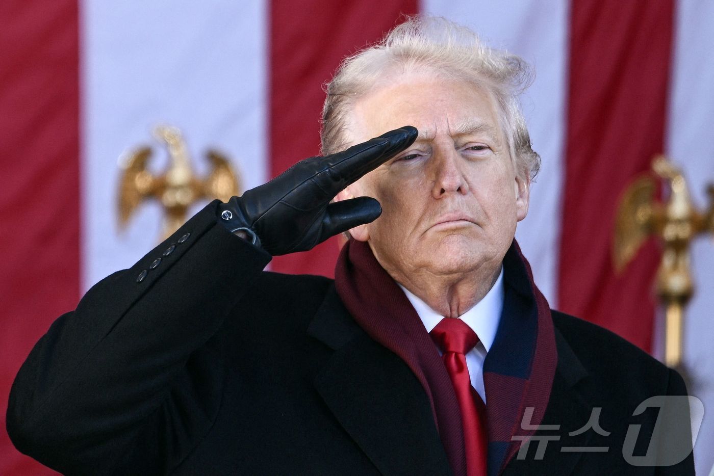 11일&#40;현지시간&#41; 미국 버지니아주 알링턴 국립묘지에서 열린 재향군인의 날 기념식이 끝난 뒤 도널드 트럼프 대통령이 경례를 하고 있다./ 2025.11.11 ⓒ AFP=뉴스1