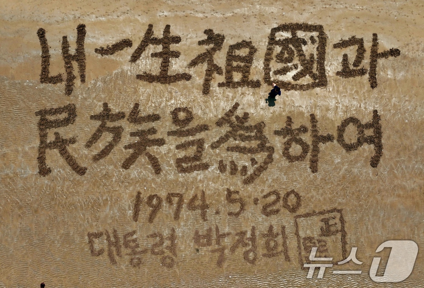 서예가 김동욱 씨가 13일 오후 경북 포항시 송도동 해수욕장 백사장에서 박정희 대통령 탄생 108주년을 맞아 박 대통령의 어록을 쓰고 있다.(서예가 김동욱 씨제공) 2025.11.13/뉴스1 ⓒ News1 최창호 기자