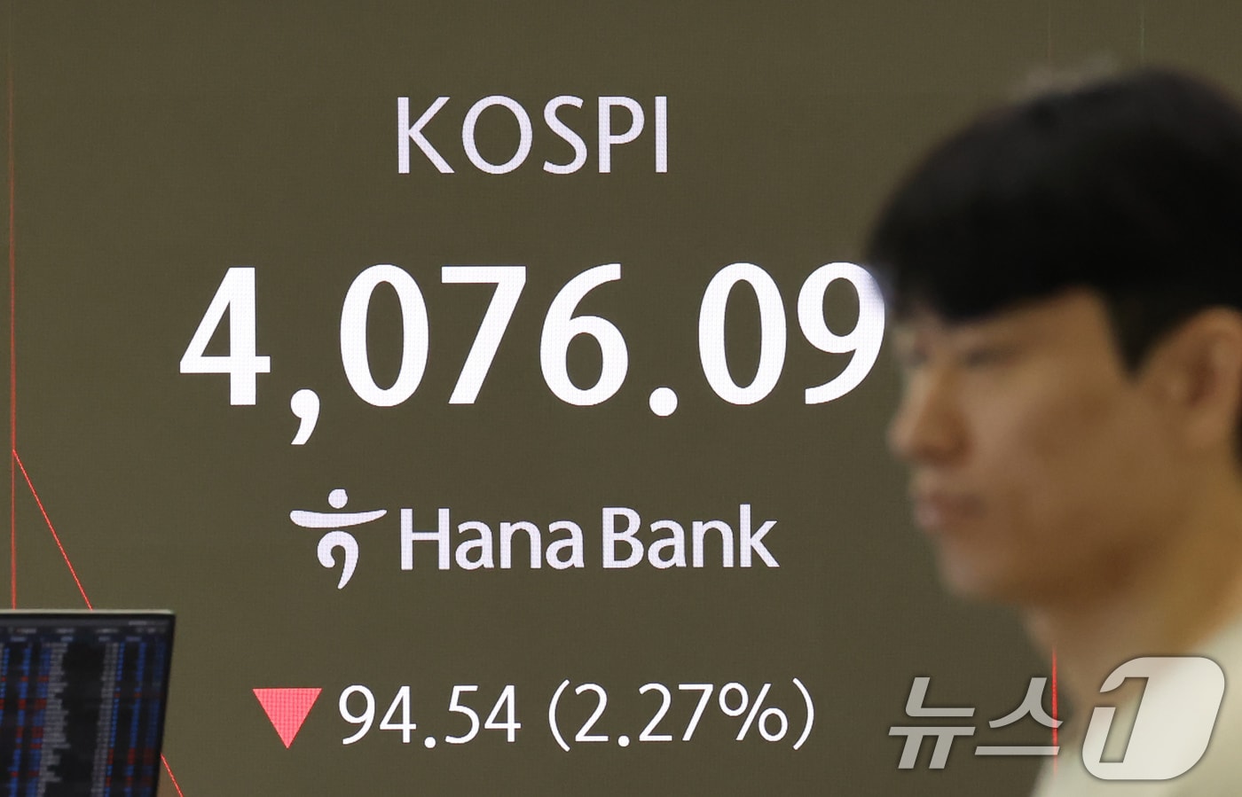 14일 오전 서울 중구 하나은행 딜링룸 전광판에 코스피 시황이 표시되고 있다. 전일 종가 대비 코스피는 108.72p(2.61%) 내린 4061.91로, 코스닥은 17.95p(1.95%) 내린 900.42로 개장했다. ⓒ News1 장수영 기자