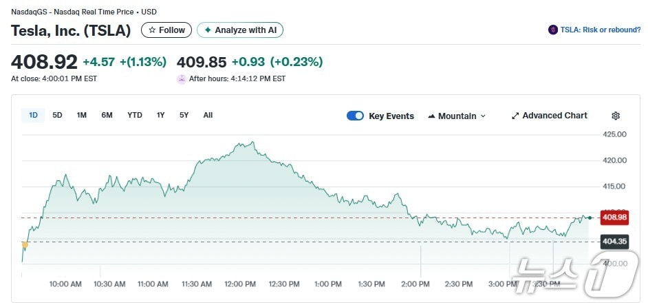 테슬라 일일 주가추이 - 야후 파이낸스 갈무리