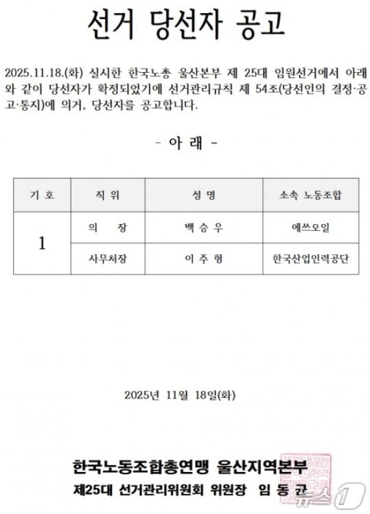 한국노총 울산본부 제25대 임원선거 당선자 공고. (한국노총 울산본부 제공. 재판매 및 DB 금지) /뉴스1