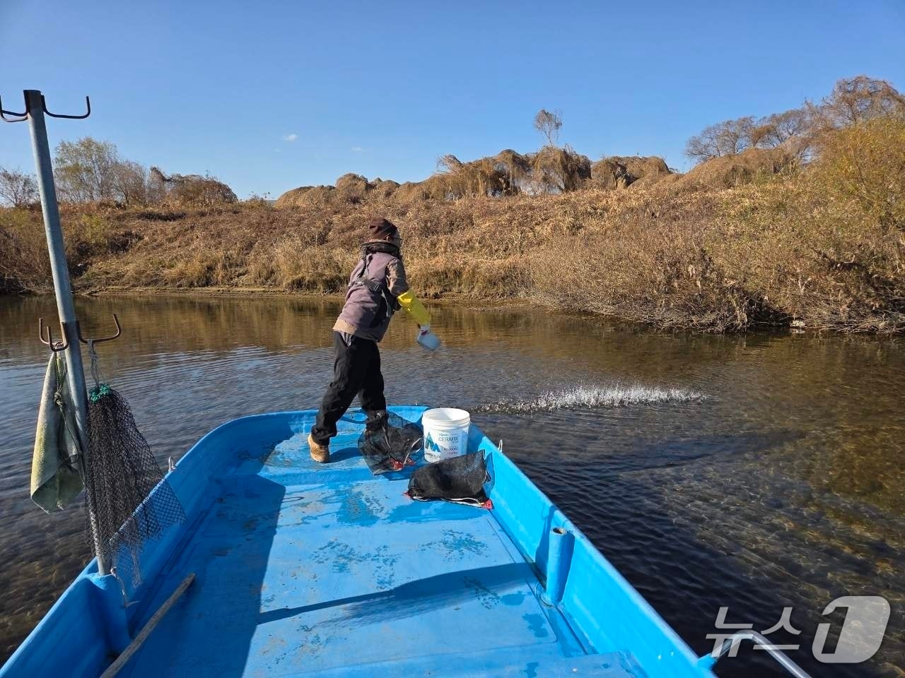 지난 18일 한탄강에서 지역 어민이 다슬기 치어를 방류하고 있다. &#40;연천군 제공, 재판매 및 DB금지&#41;