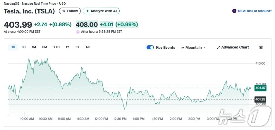 테슬라 일일 주가추이 - 야후 파이낸스 갈무리