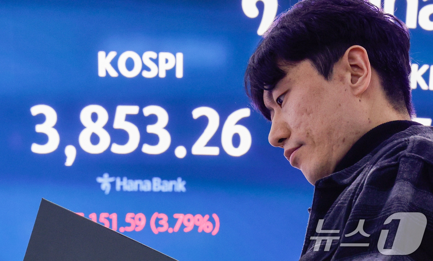 21일 오후 서울 중구 하나은행 본점 딜링룸 전광판에 종가가 나오고 있다. 이날 코스피는 전일 대비 151.59포인트(p)(3.79%) 하락한 3853.26, 코스닥은 27.99p (3.14%) 하락한 863.95로 마감했다. 서울외환시장에서 달러·원 환율은 전일 오후 3시 30분 주간종가 대비 7.7원 오른 1475.6원을 기록했다. 2025.11.21/뉴스1 ⓒ News1 안은나 기자