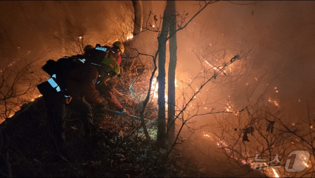23일 새벽 강원 양양 서면 일대에서 발생한 산불 현장에서 진화대원이 야간 진화 작전을 펼치고 있다.  &#40;동부지방산림청 제공, 재판매 및 DB 금지&#41; 2025.11.23/뉴스1