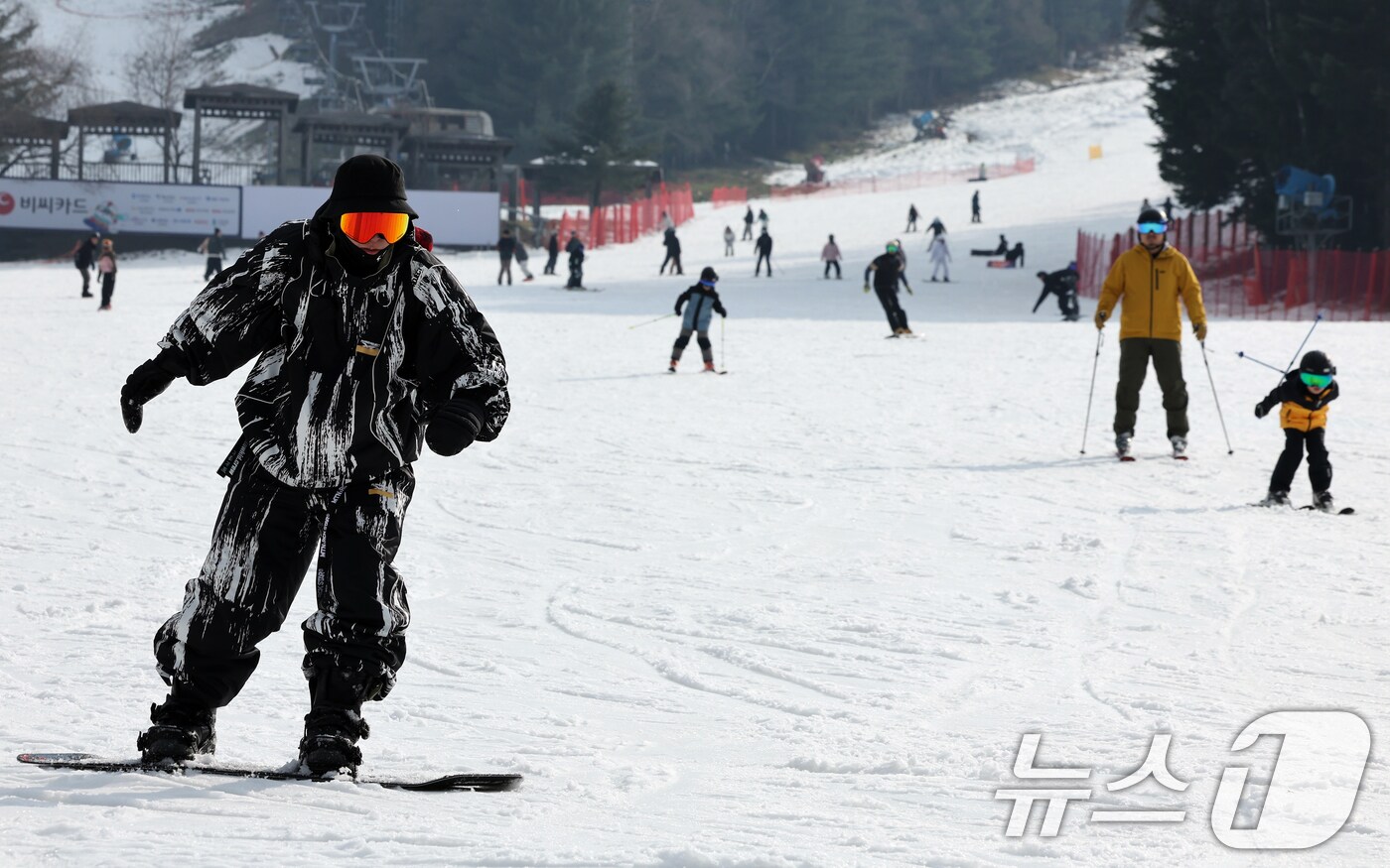 개장 후 첫 주말인 23일 강원 평창군 모나용평리조트 스키장을 방문한 시민들이 스키와 보드를 타며 겨울을 만끽하고 있다. 2025.11.23/뉴스1 ⓒ News1 이호윤 기자
