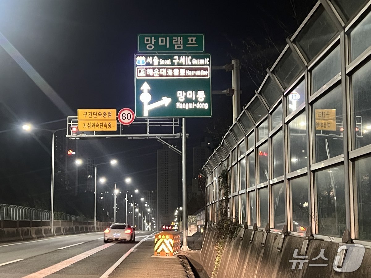 부산시설공단은 동서고가로 내 교통사고 다발 구간의 주행 환경을 개선하기 위해 발광형 도로표지를 내달 8일까지 시범 설치한다고 24일 밝혔다. 사진은 도로표지판이 발광되는 모습. (부산시설공단 제공. 재판매 및 DB 금지)