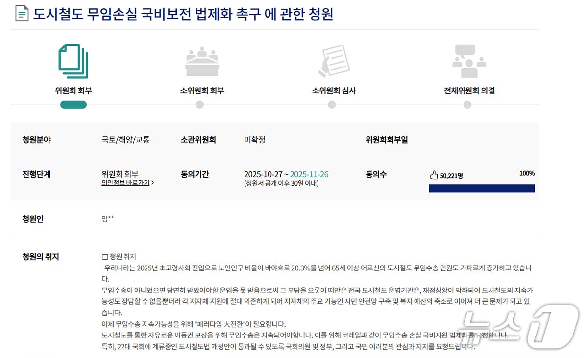 대구교통공사는 25일 도시철도 무임수송 국비 지원 국민 청원이 전날 기준 5만명을 돌파했다고 밝혔다. (대구교통공사 제공. 재판매 및 DB 금지)/뉴스1