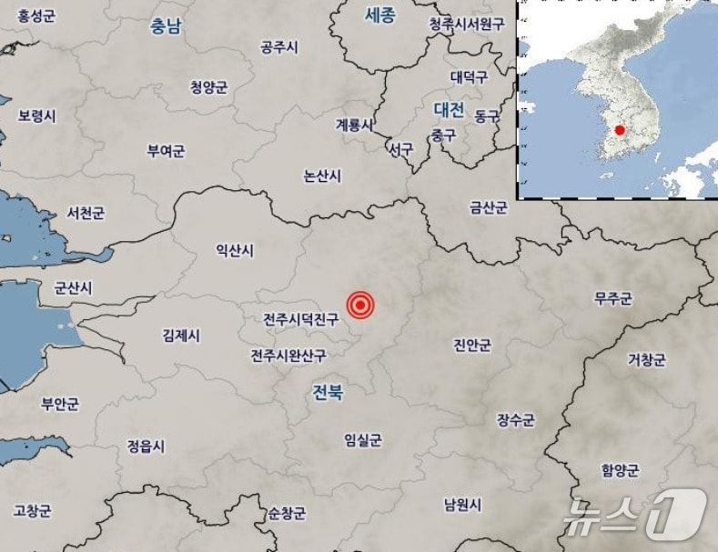 26일 오후 12시 6분께 전북 완주군 동남동쪽 6㎞ 지역에서 규모 2.2 지진이 발생했다.(기상청 제공. 재판매 및 DB금지)2025.11.26/뉴스1