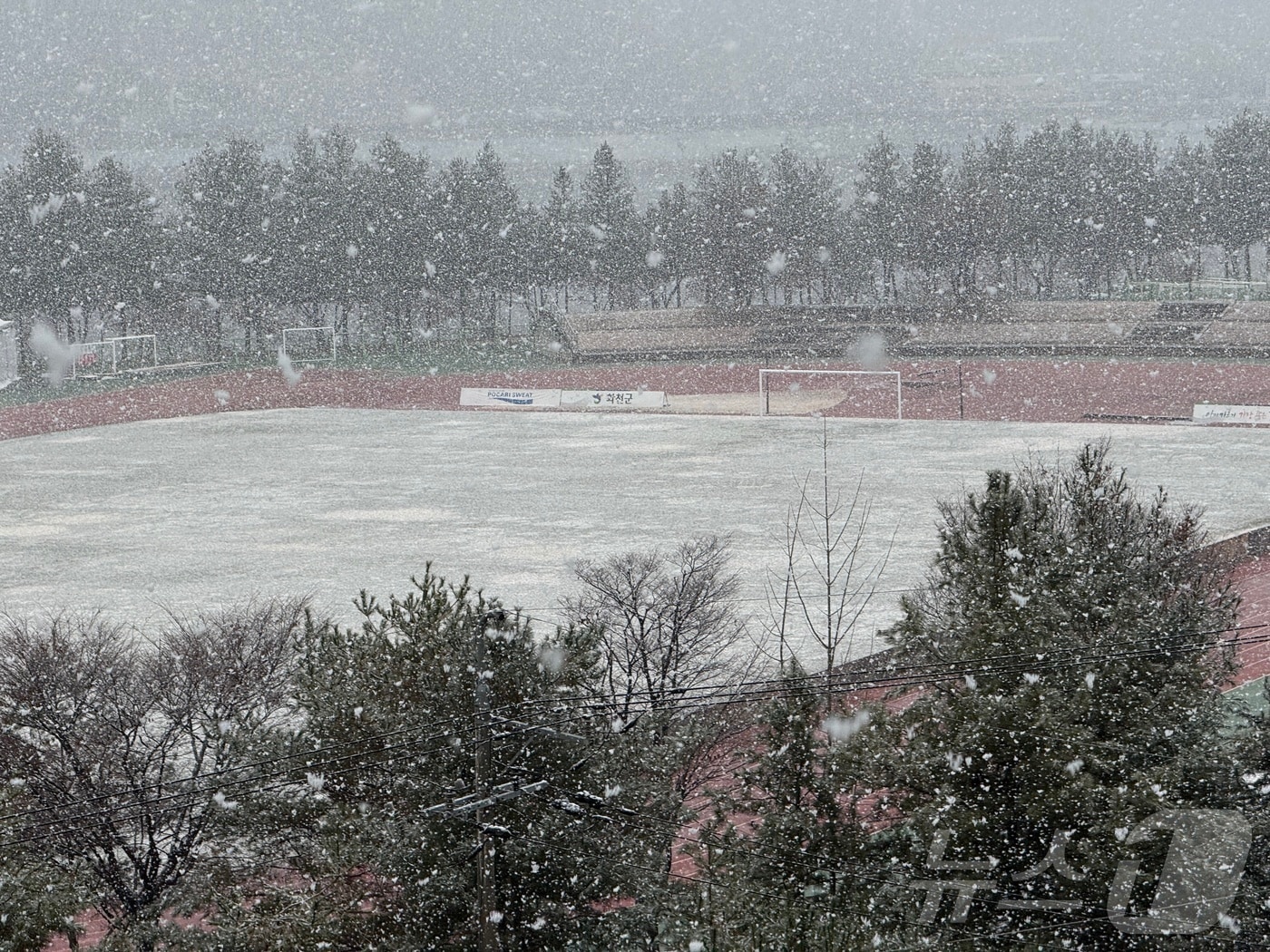 지난달 27일 낮 12시 강원 화천 일대에 올 가을 첫 눈이 내리는 가운데 화천생활체육공원에 눈이 쌓이고 있다.&#40;독자 제공, 재판매 및 DB금지&#41; 2025.11.27/뉴스1 ⓒ News1 한귀섭 기자