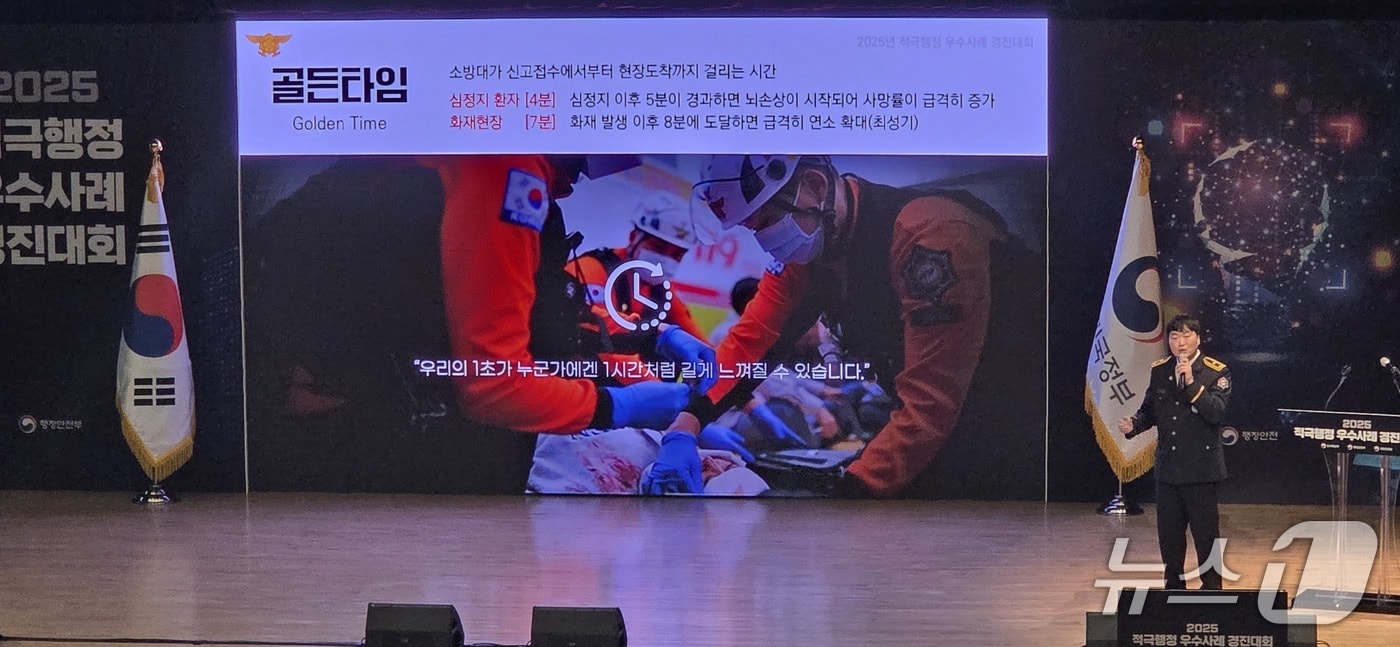 025 적극행정 우수사례 경진대회에서 소방청 이경진 소방위가 대상을 수상한 '현장도착의 골든타임을 여는 119패스'를 발표하고 있다.(소방청 제공)