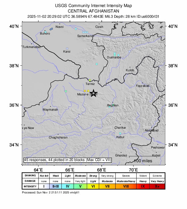 아프가니스탄 지진 발생 지도/ 출처:USGS 